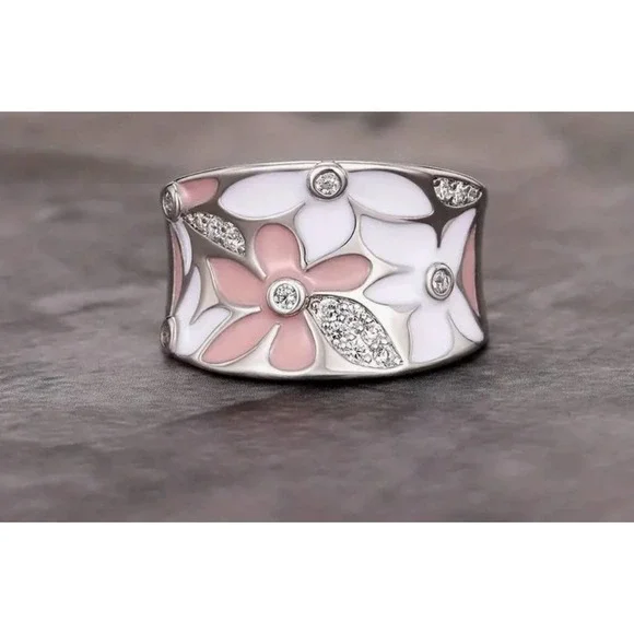 Silver Plated Zircon Pink Enamel Flower Ring - Picture 1 of 4